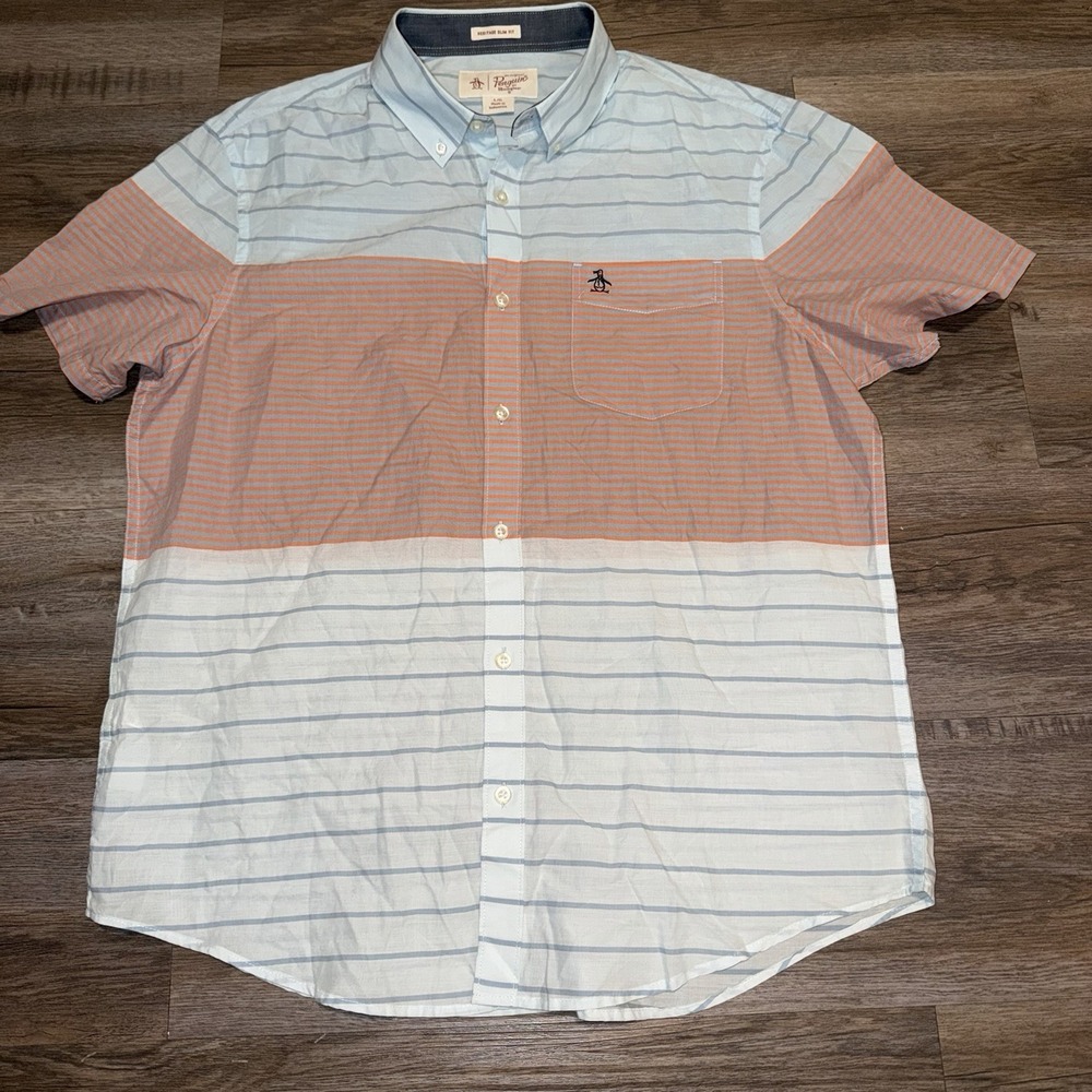 Penguin Button Down Shirt Mens Large Blue Pink White Stripe Heritage Preppy Slim
